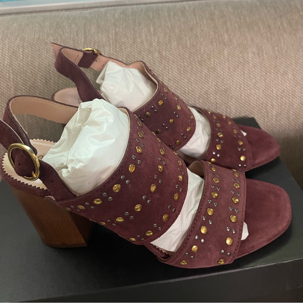 J. Crew Stella Bright Ruby Burgundy Studded Block Heel Sandals - Picture 5 of 5